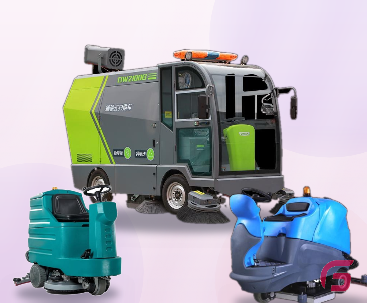 Gladful Tech cleaning machines — ride-on sweeper and floor scrubbers
